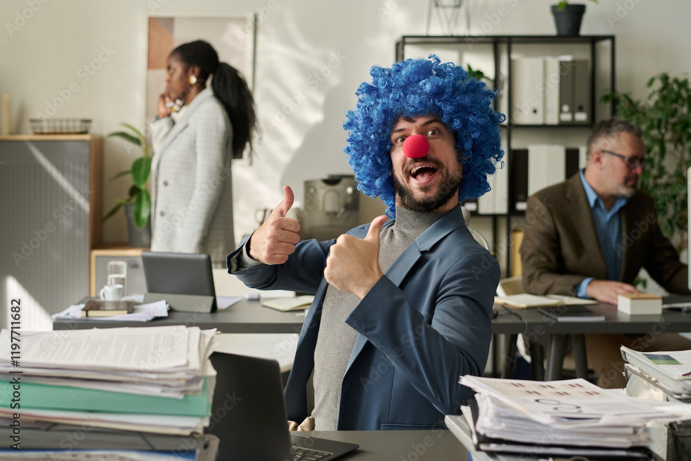 Aufkleber young successful office worker in clown wig and nose looking at camera and showing thumbs up while s