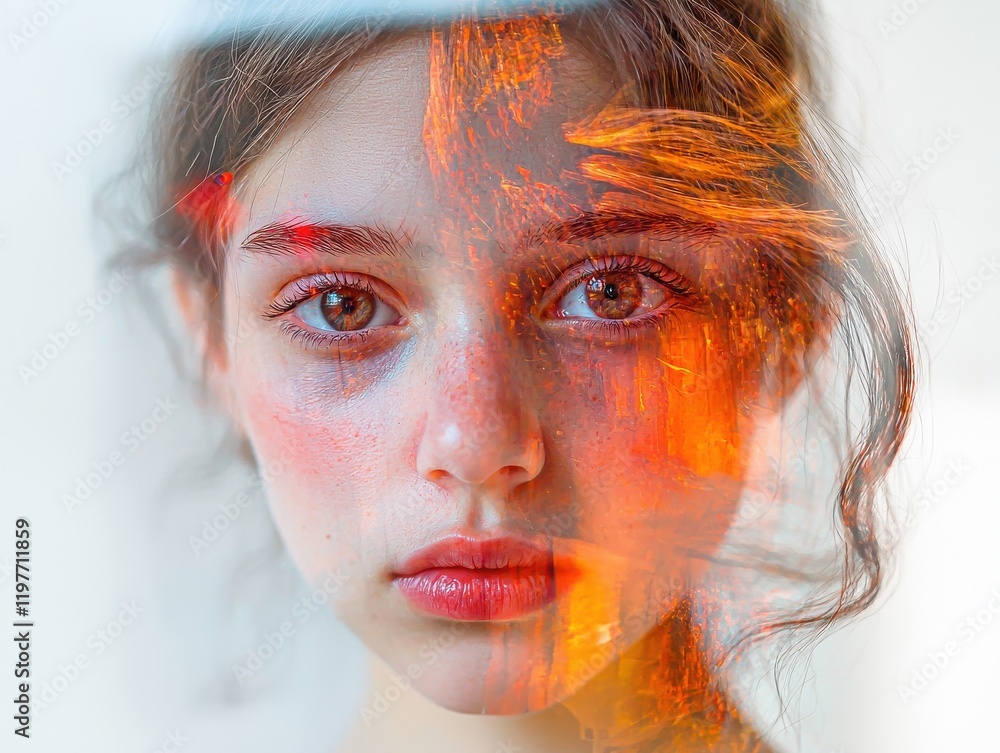 Poster layered emotional surrealism in portrait studio setting artistic expression soft lighting introspect