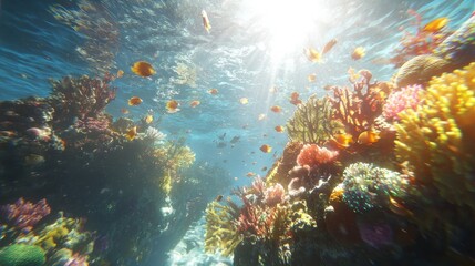 Naklejka premium Vibrant tropical coral reef life underwater paradise nature sunlit ocean environment colorful marine ecosystem