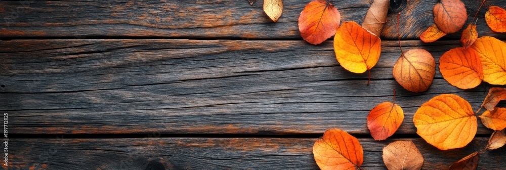 Leinwandbilder vibrant autumn leaves scattered on a rustic wooden surface creating a warm, inviting atmosphere for 