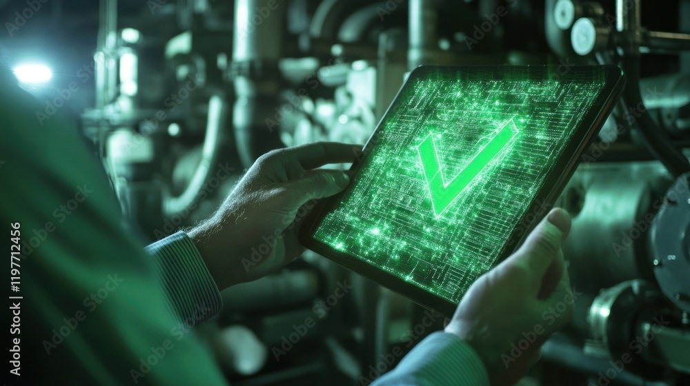 Aufkleber a maintenance professional uses a digital tablet displaying a bright green checkmark with detailed m