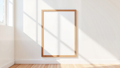 Elegant blank picture frame on minimalist wall in sunlit room, decor