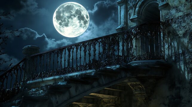 Snowy bridge balcony, full moon, night, gothic architecture, winter scene, fantasy, artwork, background - Powered by Adobe