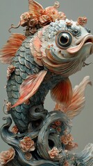 Fototapeta premium Decorative prosperity fish sculpture artistic display floral motifs elegant design studio viewpoint prosperity concept