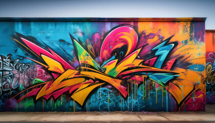 A vibrant graffiti mural featuring colorful spray paint splashes and bold, abstract designs, capturing urban art’s dynamic energy, ideal for street culture, contemporary art, and creative projects.
