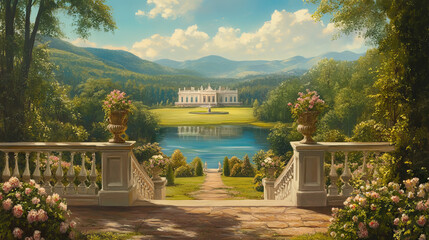 Fototapeta premium Elegant Mansion View Across a Tranquil Lake with Lush Floral Garden, Concept of Luxury Living, Scenic Countryside Retreat