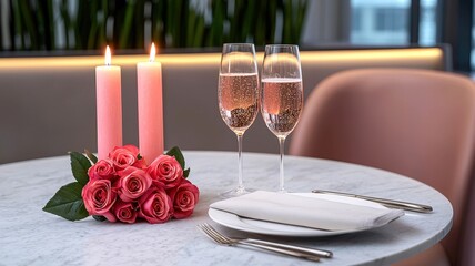 Fototapeta premium A romantic dinner setup featuring pink candles, champagne glasses, and a bouquet of roses on a marble table, perfect for special occasions.