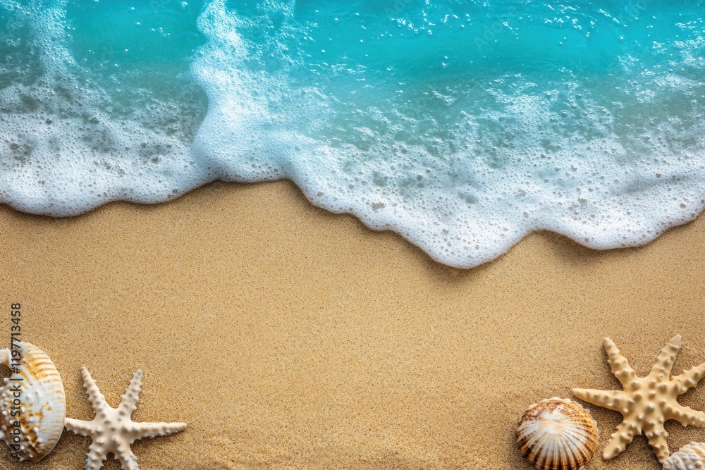 Poster Beautiful sandy beach with waves and shells creating a tranquil coastal atmosphere for text placement. Generative AI