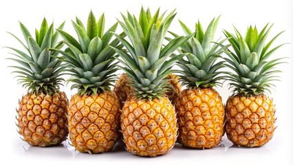 Row of ripe pineapples with green tops  - A neat row of fresh yellow pineapples with vibrant green tops, symbolizing tropical sweetness, freshness, and natural harvest.  
