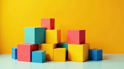Obraz premium Vibrant Colored Cubes Arranged in an Abstract Stack Against a Yellow Background