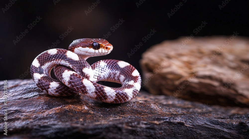 Poster a beautifully patterned snake resting on a log, showcasing its intricate scales and vibrant colors i