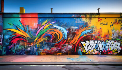 A vibrant graffiti mural featuring colorful spray paint splashes and bold, abstract designs, capturing urban art&rsquo;s dynamic energy, ideal for street culture, contemporary art, and creative projects.
