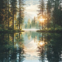 Nature art fusion abstract eco-friendly designs in a serene forest landscape at dawn