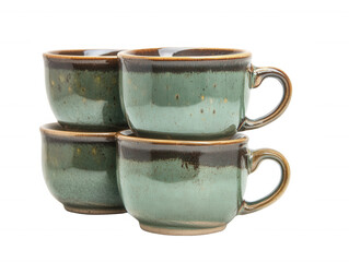 Stack of Four Green and Brown Ceramic Coffee Cups Rustic Style Close Up