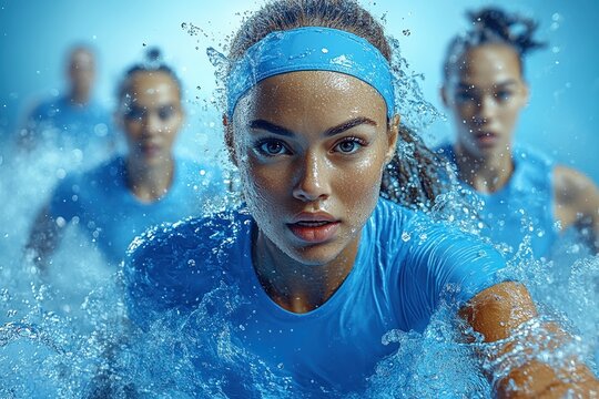 Dynamic swim training session featuring athletes competing in water splash