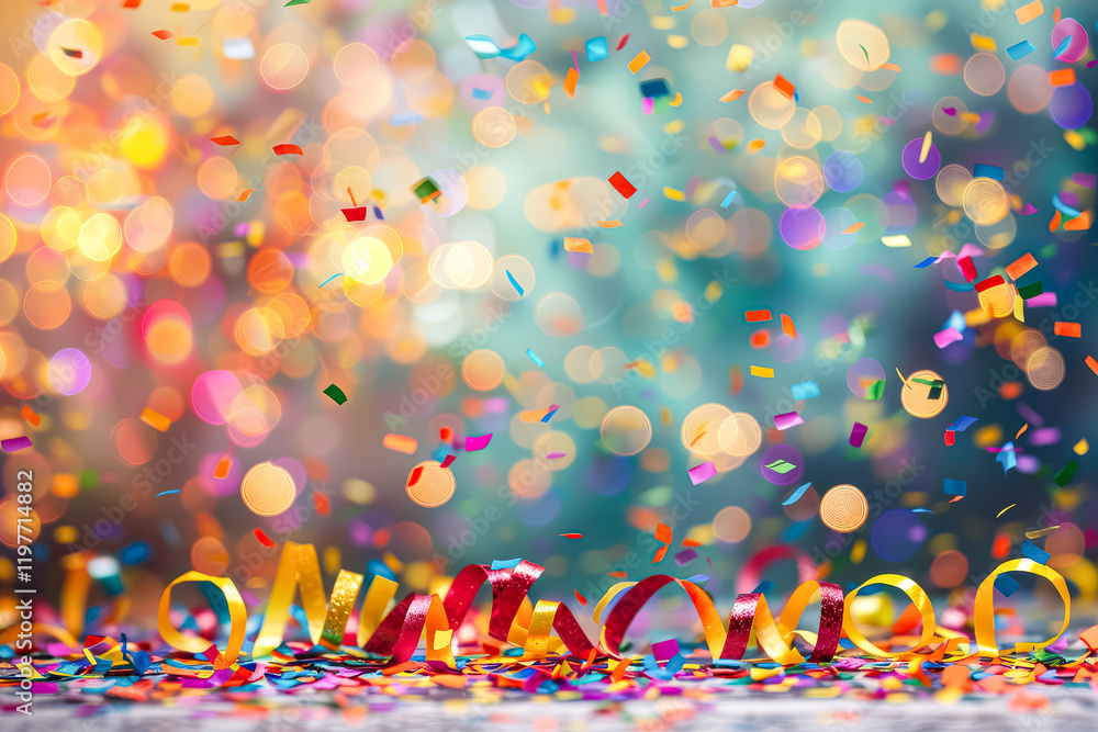 Poster colorful explosion of confetti is falling from the sky. the confetti is in various colors and sizes,