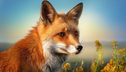Fototapeta premium A close-up portrait of a red fox in a natural setting, with soft lighting highlighting its vivid fur and intelligent gaze. Perfect for wildlife and nature themes.