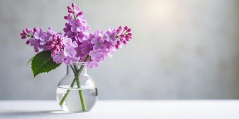 A Delicate Bouquet of Spring Lilac Flowers in a Clear Glass Vase on a White Surface