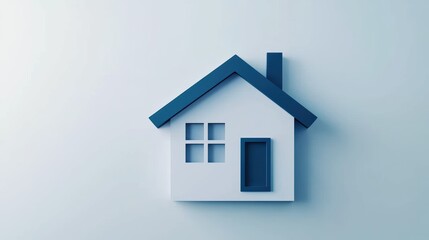 Minimalist blue and white house icon with chimney on light background