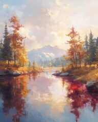 Obraz premium Vibrant autumn reflection on crimson lake mountain landscape nature scene tranquil environment scenic viewpoint