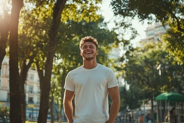 Young man smiling joyfully in a sunlit park surrounded by trees on a bright afternoon