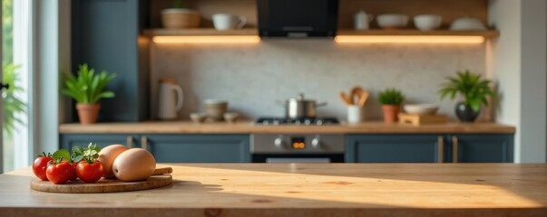 Modern kitchen table with a blurred background of cooking zone features, modern, zone, kitchen