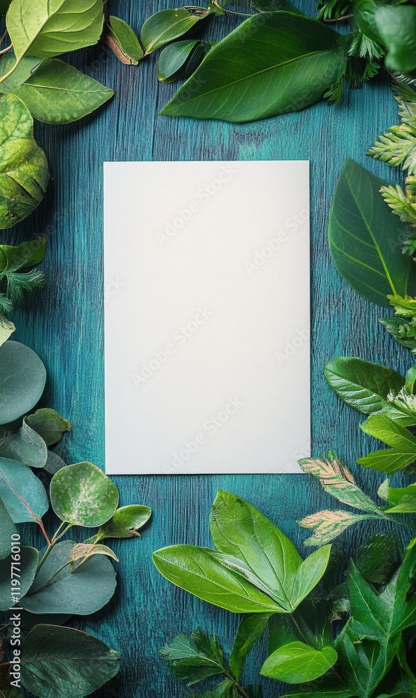 Aufkleber Clean white sheet surrounded by lush green leaves on textured teal background ideal for creating nature inspired designs. Generative AI