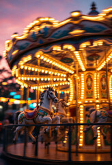 Illuminated carousel spinning at twilight, evoking nostalgia with a warm, magical atmosphere.

