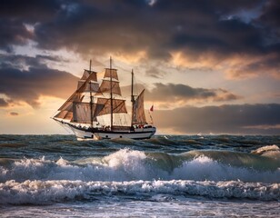 Obraz premium Firefly sailing through stormy waves at sunset in a dramatic seascape