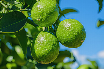 Lime growing on a Lime tree with green leaves on a Lime farm on a sunny clear blue sky day.