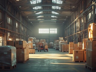 Large Industrial Warehouse with Stacked Boxes in Sunlight