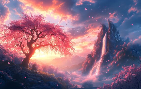 Enchanted Sunset Valley Landscape with Waterfall