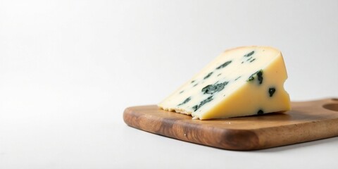 A wedge of creamy, pale yellow cheese with flecks of vibrant green mold rests elegantly on a rustic wooden board against a stark white background, showcasing its unique texture and rich flavor.