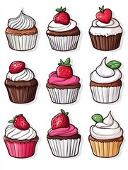 Delicious Strawberry Cupcakes Collection - Nine assorted cupcakes, each uniquely decorated with strawberries and frosting, perfect for baking blogs, recipe websites, or food packaging.
