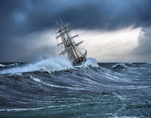 Obraz premium Stormy seas feature a historic sailing ship navigating towering waves at twilight