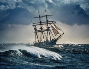 Obraz premium Historic sailing ship navigates stormy waves in the open sea with dramatic clouds overhead