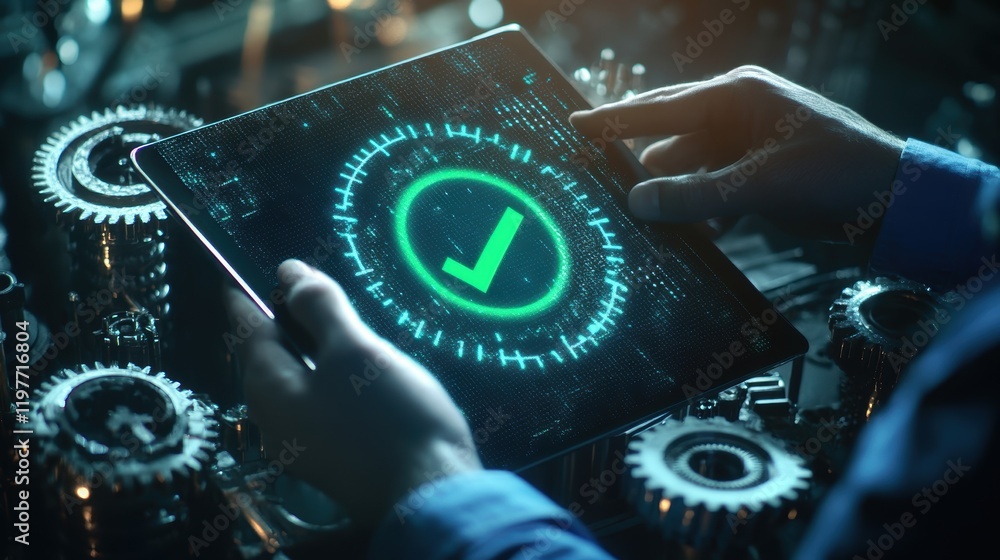 Aufkleber a digital tablet rests in the hands of a maintenance expert showing a vivid green checkmark surround