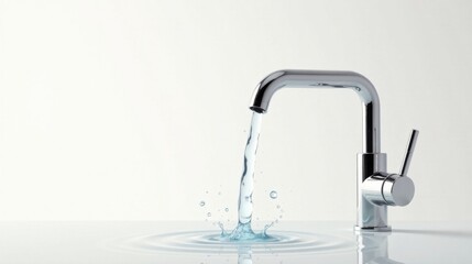 Clean water flowing from a modern chrome faucet, creating a refreshing ripple effect on a pristine surface.