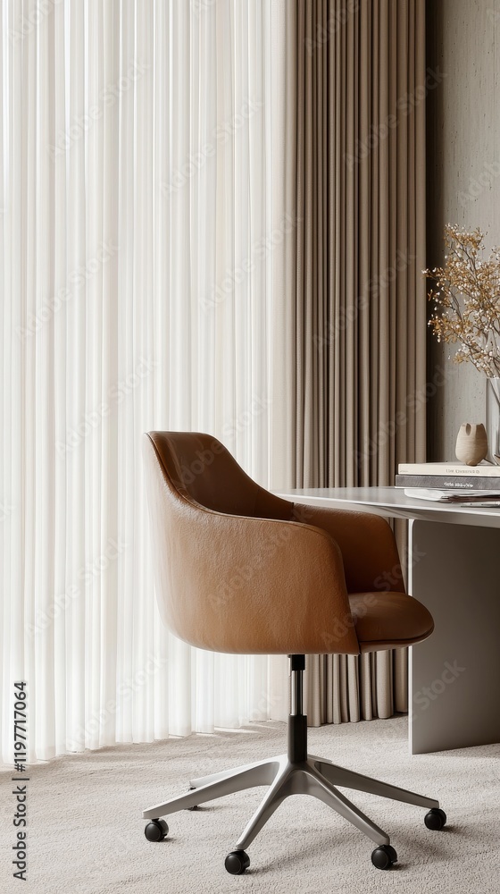 Poster functional desktop workspace setup with modern chair and elegant desk in minimalist room design