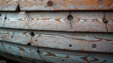 Obraz premium Close-up view of aged wooden planks showing weathered paint and natural wood grain