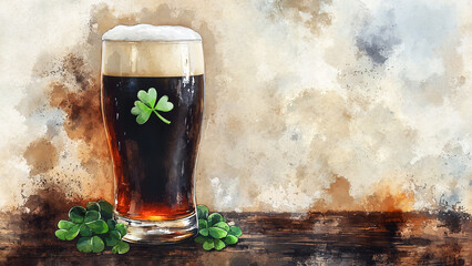 Watercolor style dark beer pint with shamrock decoration for St. Patrick's Day celebration