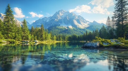 Obraz premium Clear lake reflecting majestic mountain and green pine tree