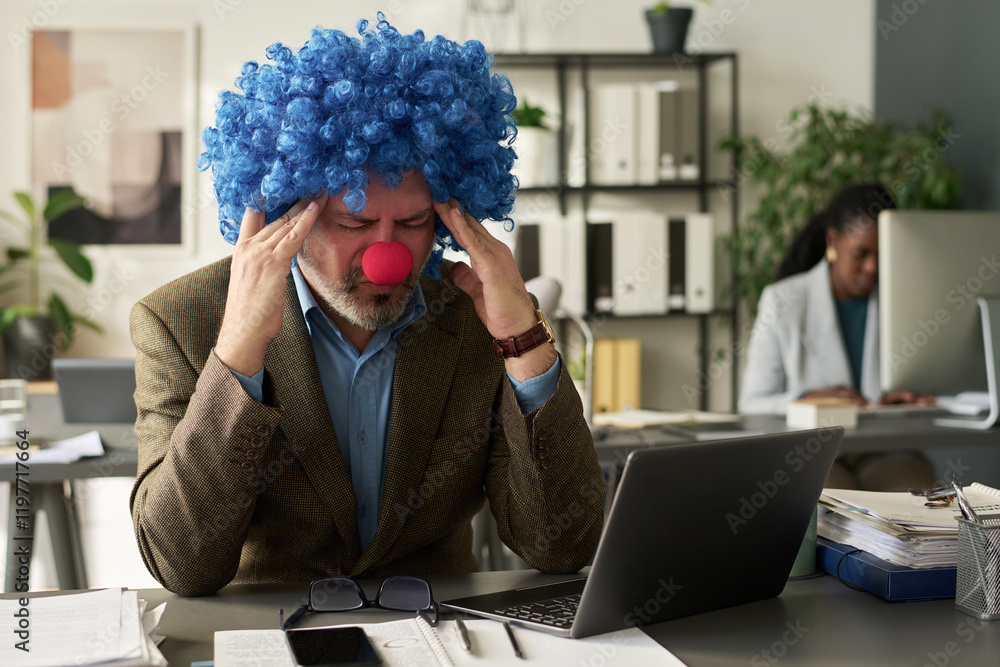 Poster Tired mature clown boss touching head and trying to concentrate while sitting in front of laptop and working over new project