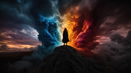 Fototapeta premium A lone figure stands atop a rugged mountain, framed by vibrant clouds of blue and red, symbolizing the contrast between calmness and chaos in the beauty of nature at dusk.