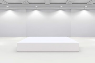 Fototapeta premium Empty White Platform in Gallery - A pristine white platform sits in a minimalist, well-lit gallery space, perfect for product displays or presentations.
