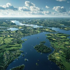 Fototapeta premium Aerial view of majestic river and lush landscapes nature scenic environment bird's eye perspective