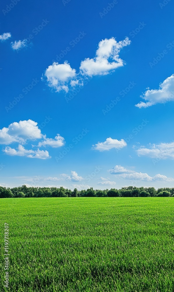Poster expansive green field under a clear blue sky with fluffy clouds in daylight for creative text placem