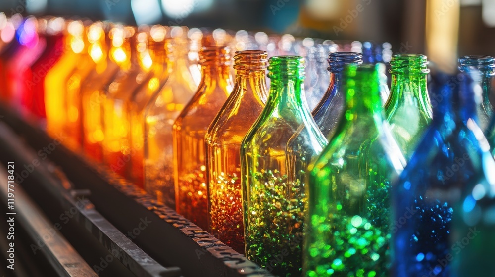 Poster a closeup of various colored glass bottles rolling down a conveyor belt with an automated sorting sy
