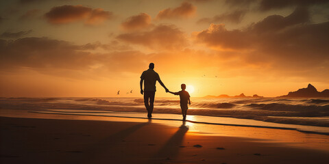 Man and young boy silhouettes walking on the sandy beach at sunset.