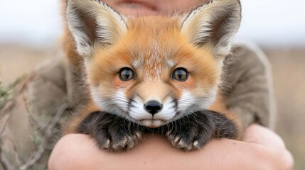 Cute red fox kit held gently, outdoors, blurred background, wildlife rescue